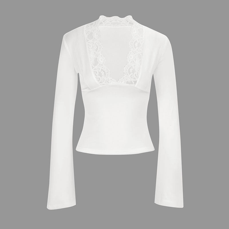 Slim Fit Long Sleeve Top with Deep V-Neck and Lace Trim