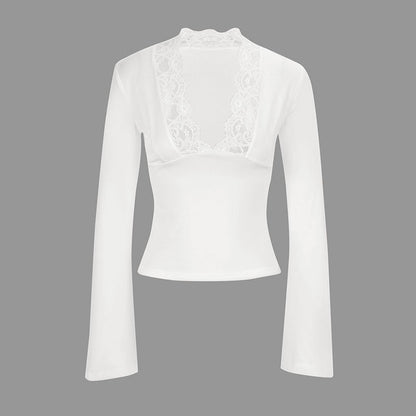 Slim Fit Long Sleeve Top with Deep V-Neck and Lace Trim