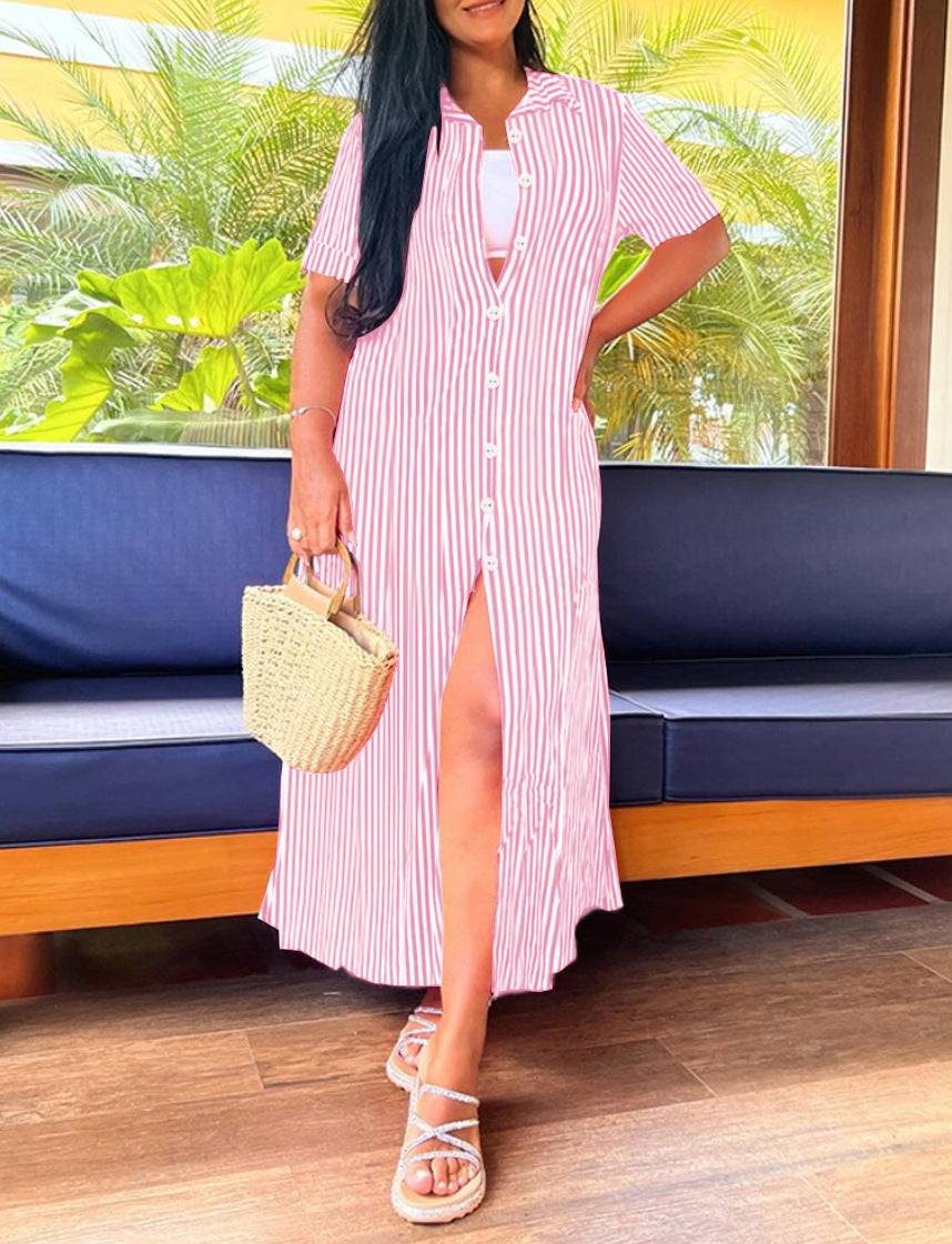 Striped Maxi Shirt Dress with V-Neck