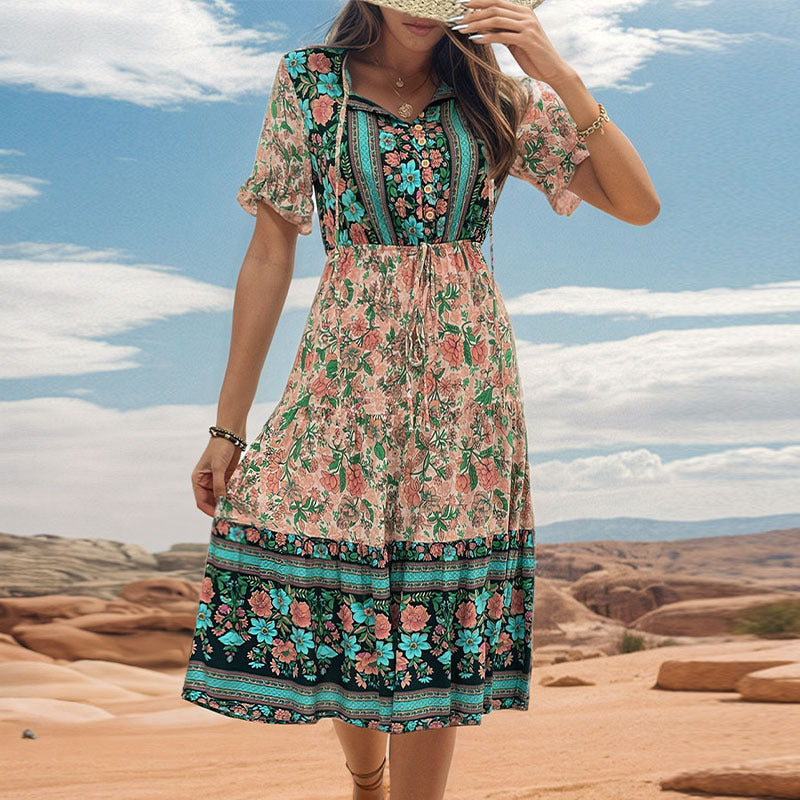 Bohemian Floral Print Midi Dress with Tie-Neck and Drawstring Waist
