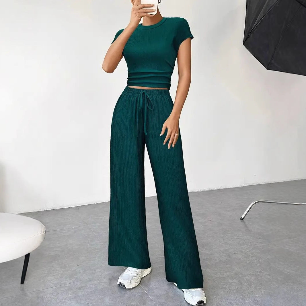 Pleated Crop Top & Wide-Leg Pant Set with Drawstring