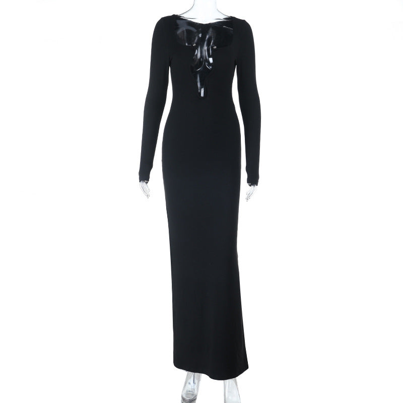 Asymmetrical High-Waisted Long Sleeve Dress Solid Color Patchwork