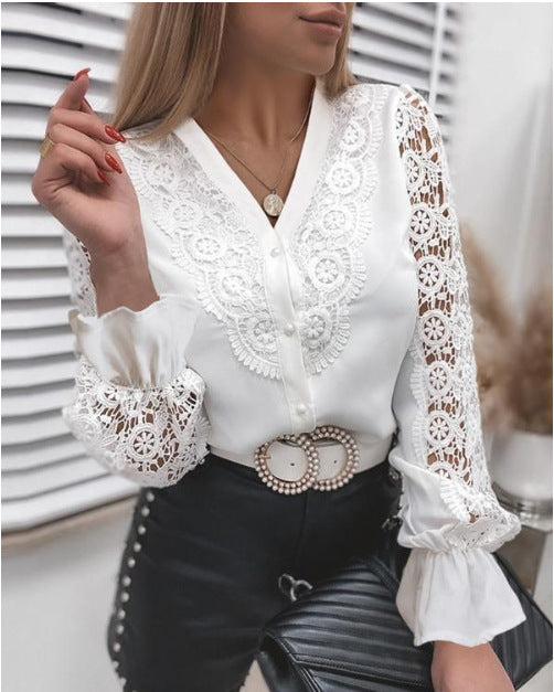 Solid Lace Button-Up Blouse with Stand Collar