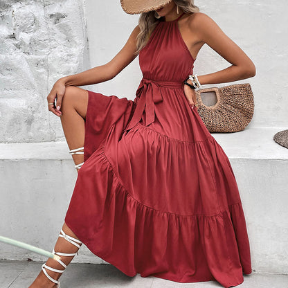 Solid Midi Dress with Halter Neck, Tiered Skirt, and Tie-Waist