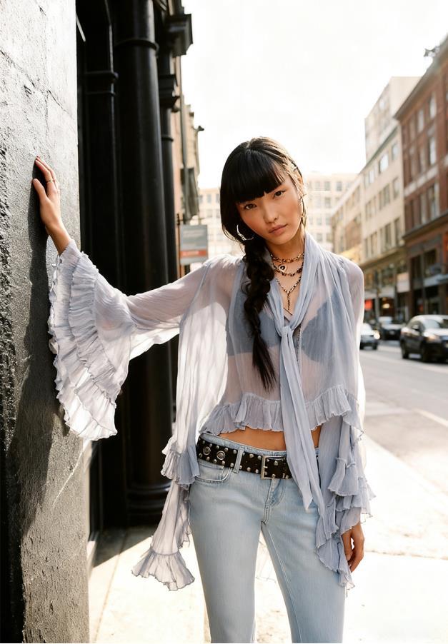 Sheer Chiffon Blouse with Tie-Neck and Ruffled Bell Sleeves