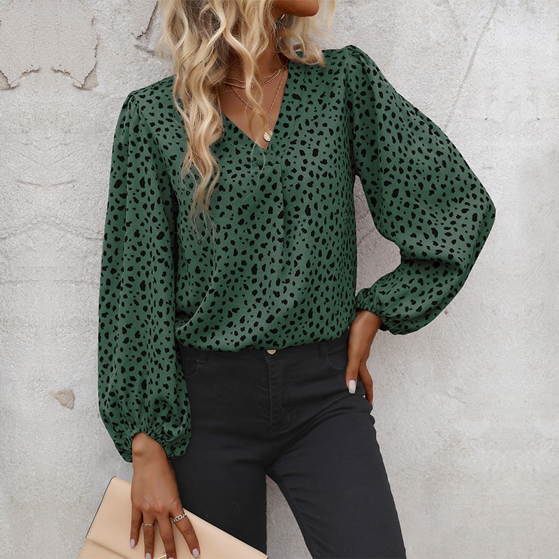 Leopard Dot Print Blouse with V-Neck and Long Sleeves