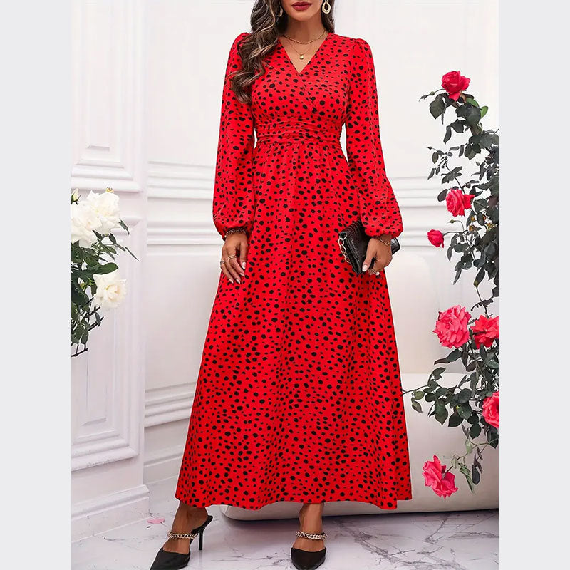 Spot Print Maxi Dress with V-Neck and Puff Sleeves