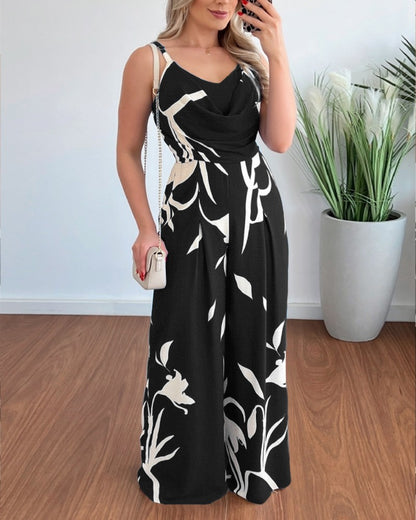 Floral Print Wide-Leg Jumpsuit with Cowl Neck