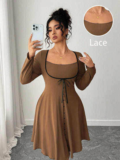 A-Line Umbrella Dress with Square Neck and Bow Detail