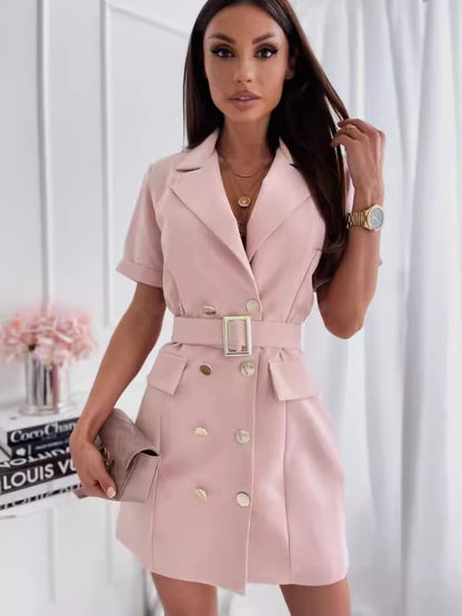 Double-Breasted Short-Sleeve Blazer Mini Dress with Belt