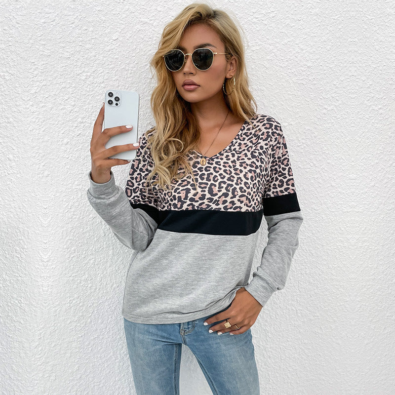 Leopard Print Color Block Long-Sleeve Top with V-Neck