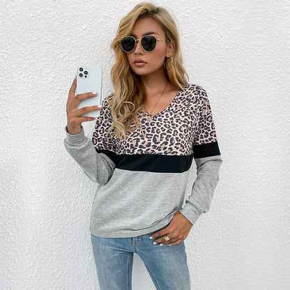 Leopard Print Color Block Long-Sleeve Top with V-Neck