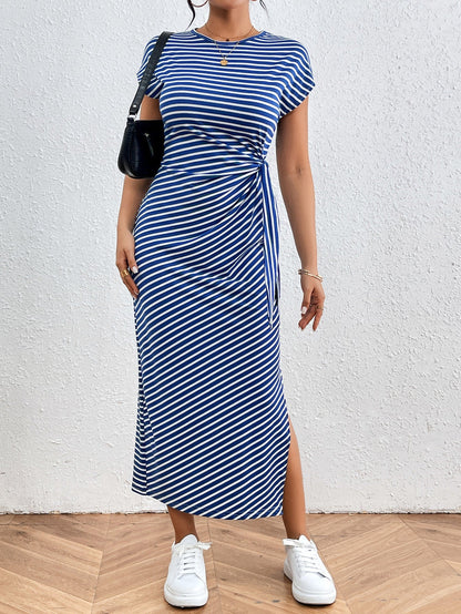 Striped Bodycon Maxi Dress with Side Tie and Slit