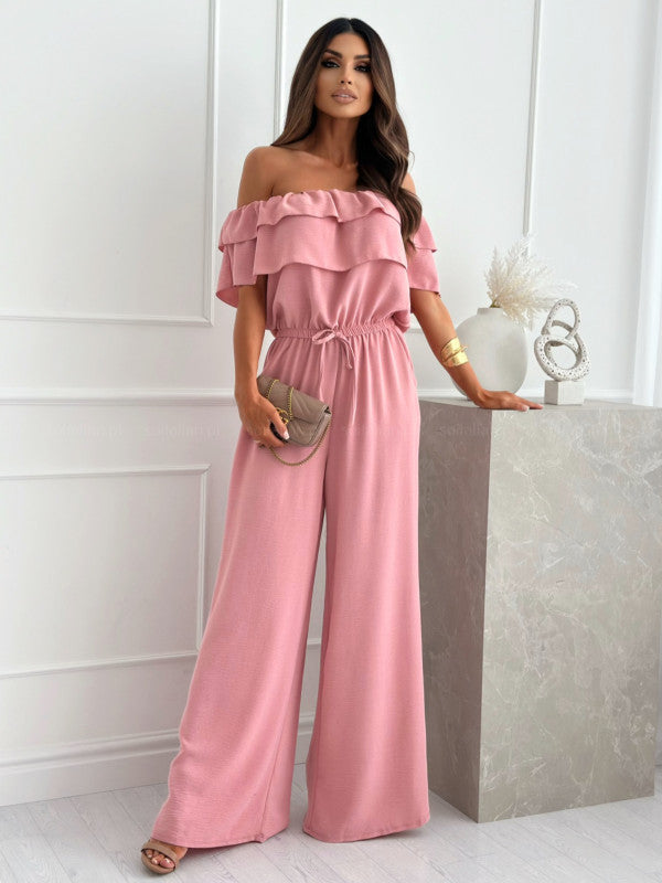 Off-Shoulder Ruffled Jumpsuit with Wide Legs and Drawstring Waist