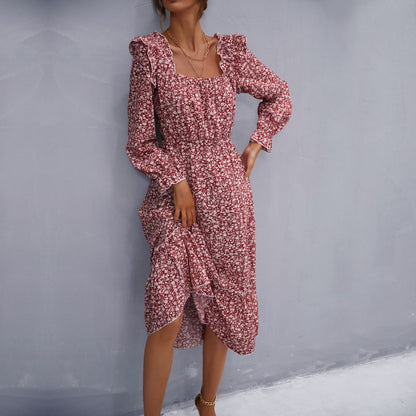 Floral A-Line Midi Dress with Square Neck and Ruffle Trim