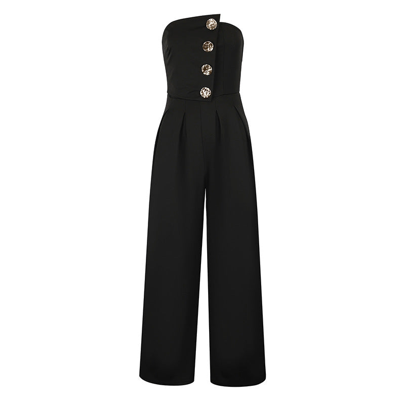 Wide-Leg Strapless Jumpsuit with Metal Button Detail