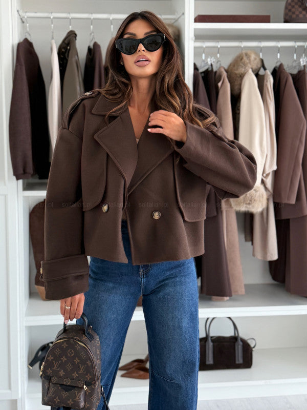 Solid Cropped Jacket with Lapel Collar and Double-Breasted Buttons