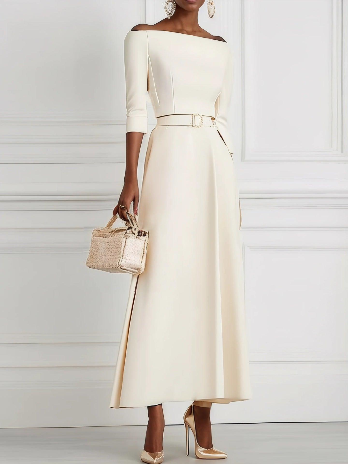 Fit-and-Flare Midi Dress with Off-Shoulder Neck, 3/4 Sleeves, and Belt