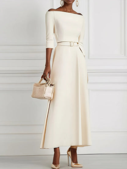 Fit-and-Flare Midi Dress with Off-Shoulder Neck, 3/4 Sleeves, and Belt