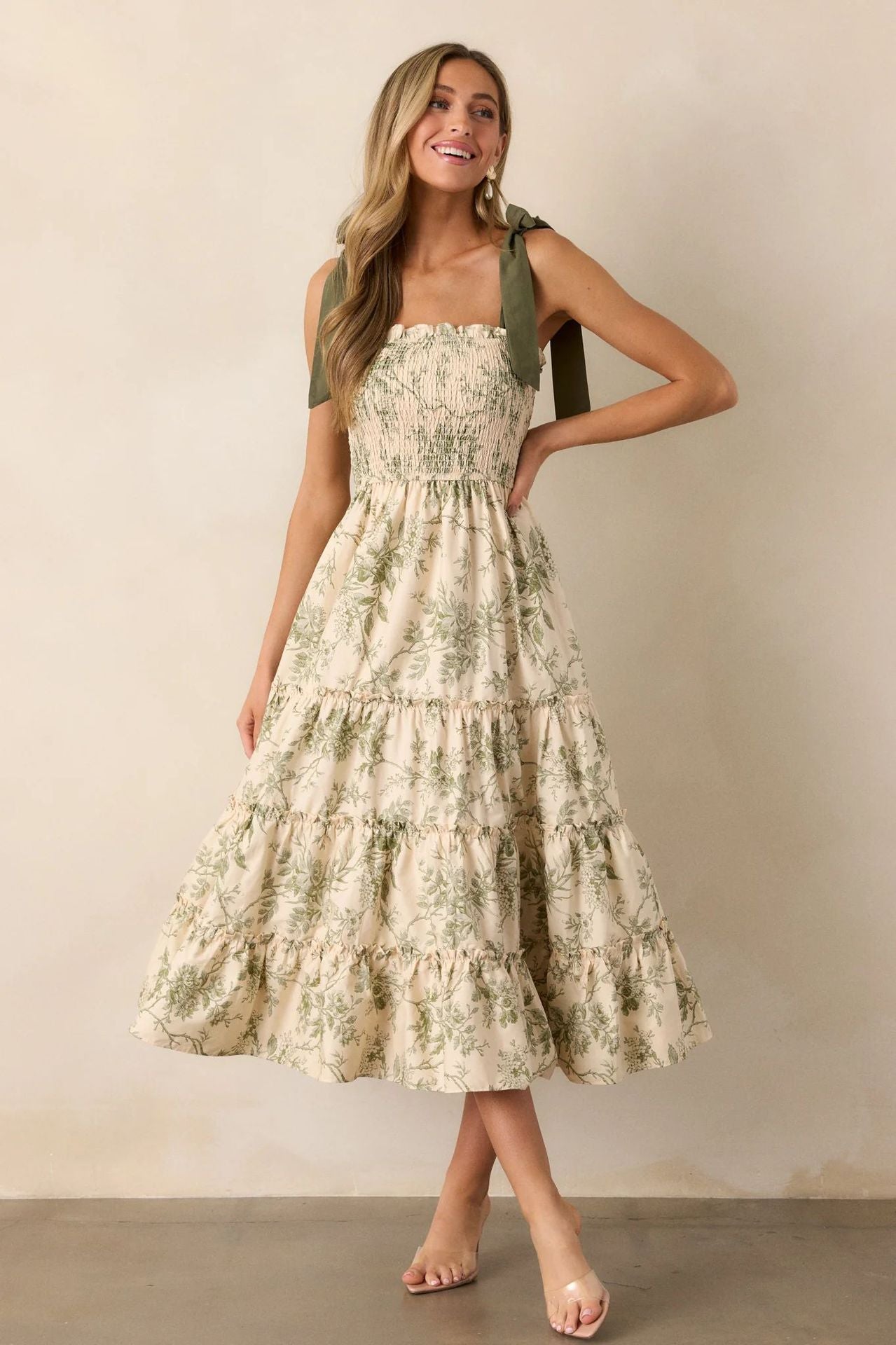 Tiered Floral Midi Dress with Smocked Bodice and Tie Straps