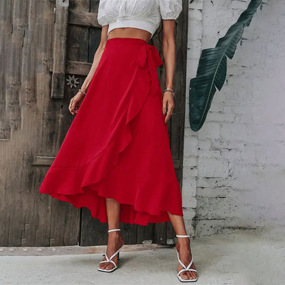 Solid Red Wrap Midi Skirt with Ruffle Trim and High-Low Hem