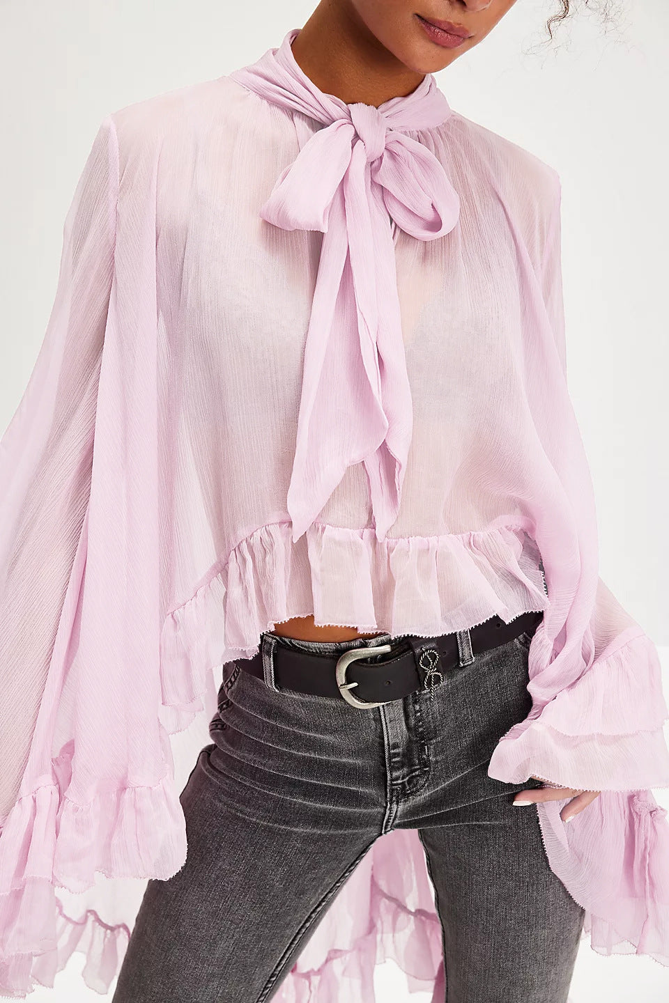 Sheer Chiffon Blouse with Tie-Neck and Ruffled Bell Sleeves