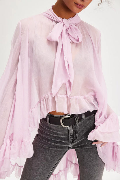 Sheer Chiffon Blouse with Tie-Neck and Ruffled Bell Sleeves