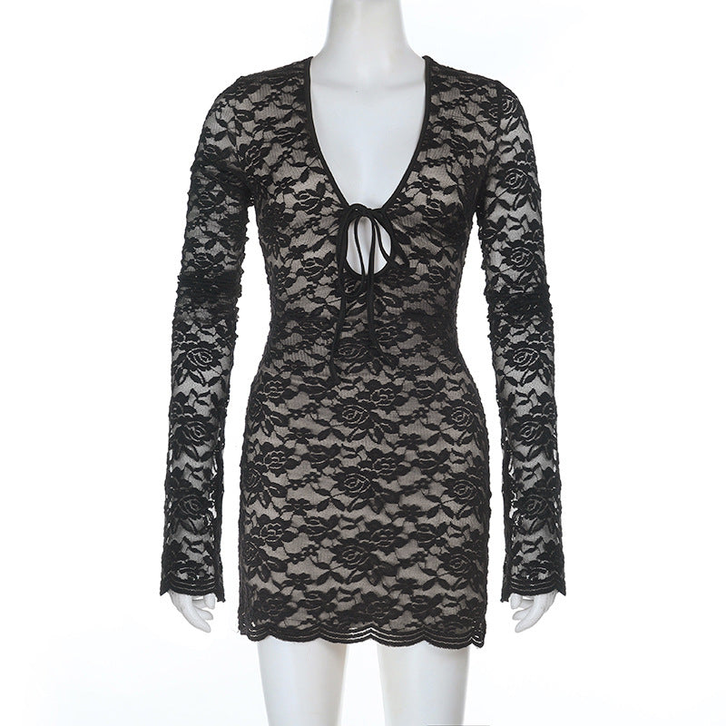 Lace Bodycon Mini Dress with Bell Sleeves and V-Neck