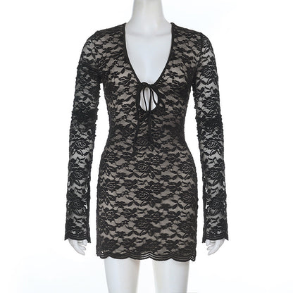 Lace Bodycon Mini Dress with Bell Sleeves and V-Neck