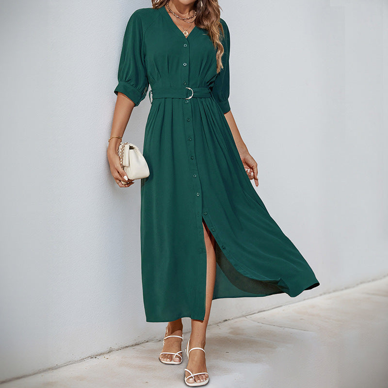 Solid V-Neck Shirt Dress with 3/4 Sleeves and Belted Waist