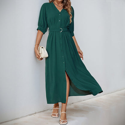 Solid V-Neck Shirt Dress with 3/4 Sleeves and Belted Waist