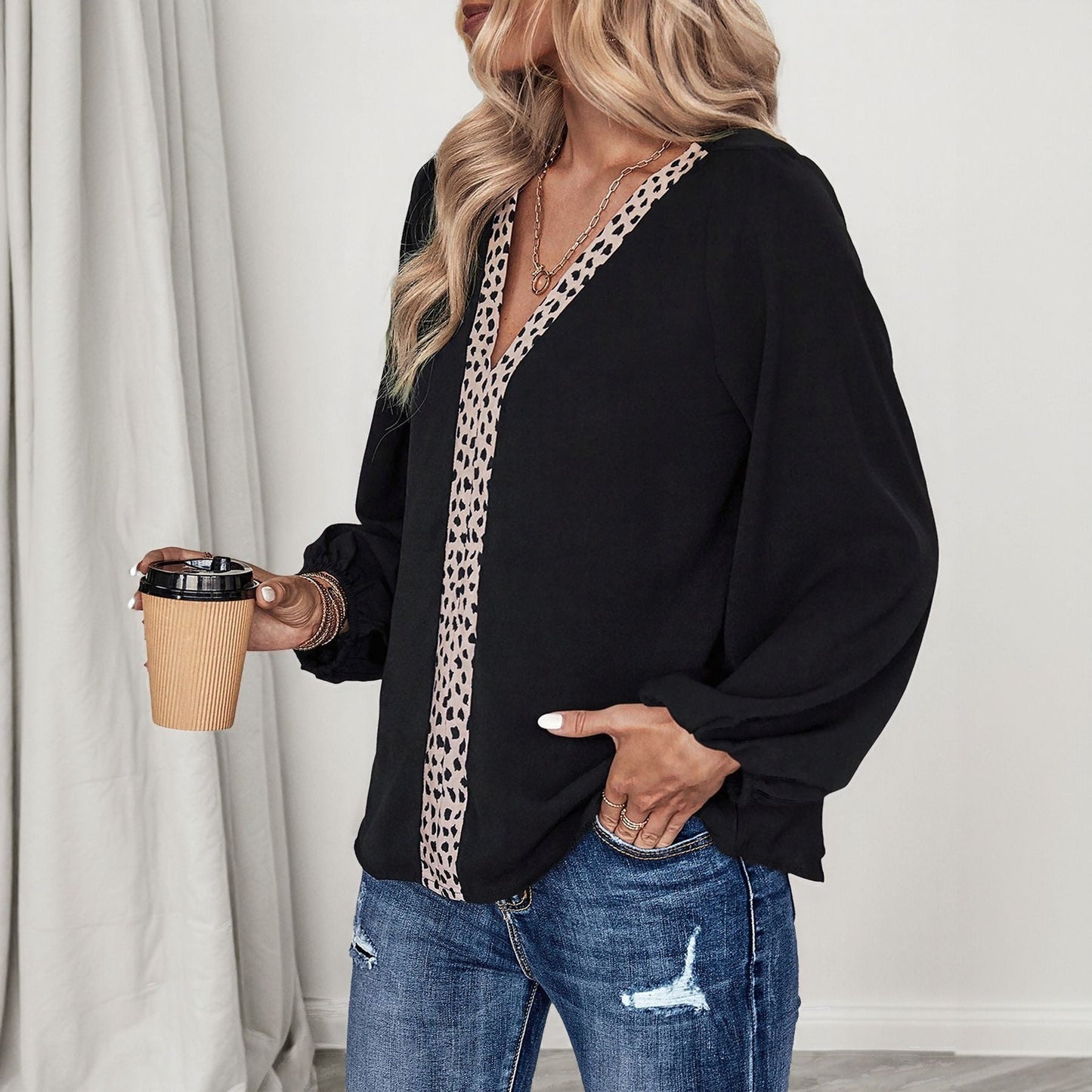 Leopard Print Color Block V-Neck Top with Long Sleeves