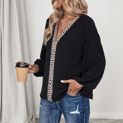 Color-Block Leopard Trim Blouse with V-Neck and Long Sleeves