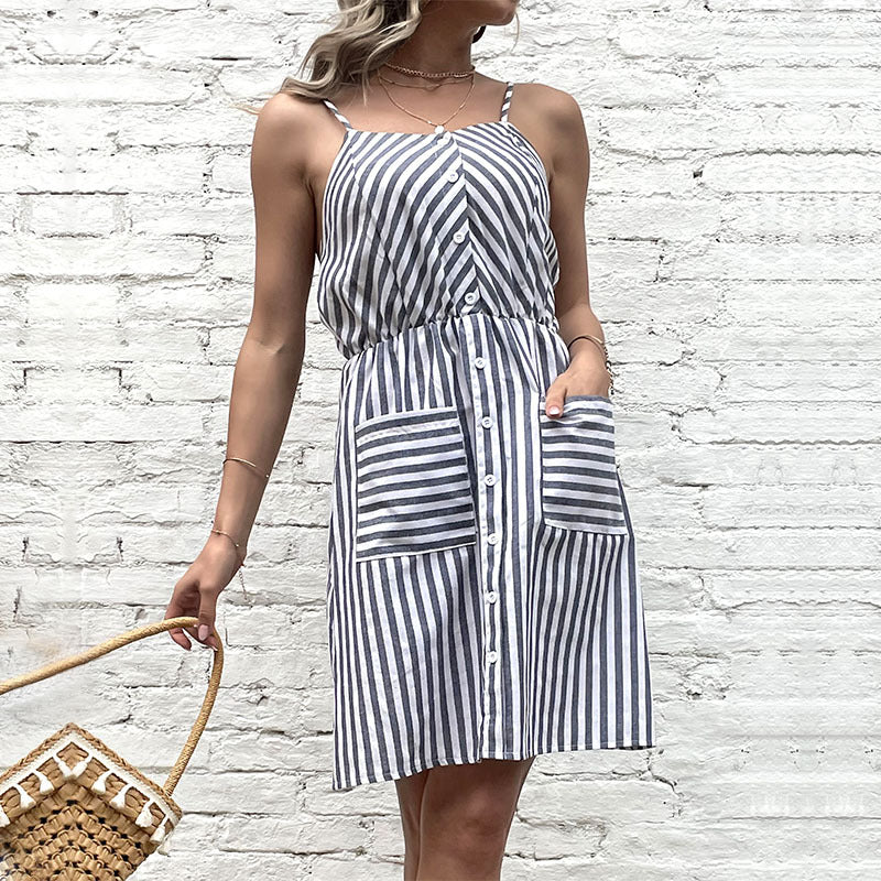 Striped A-Line Sling Dress with Button Front