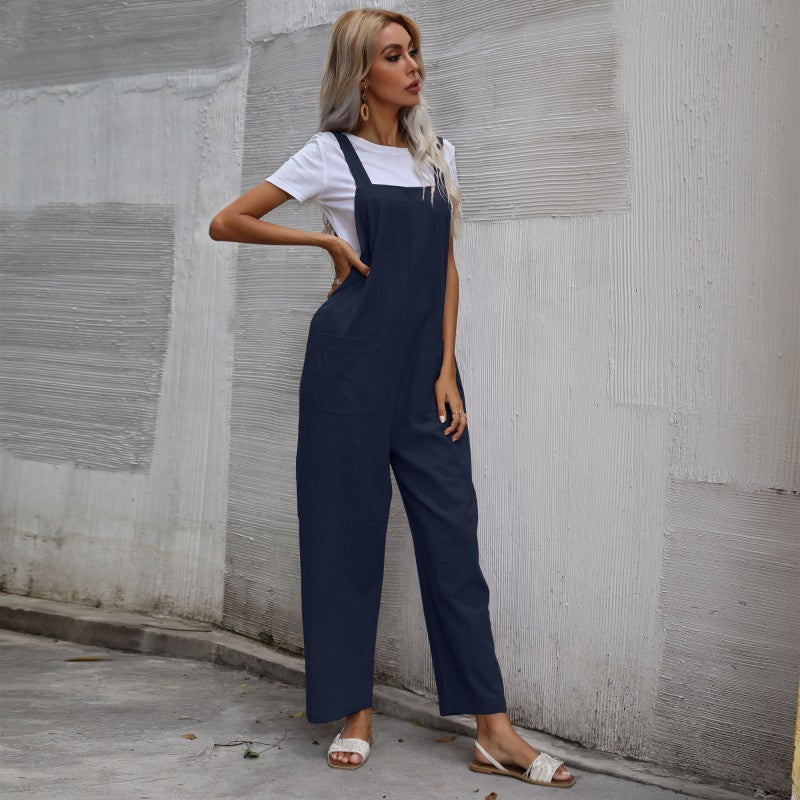 Loose Fit Cotton Linen Suspender Jumpsuit