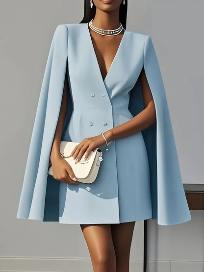Double-Breasted Blazer Mini Dress with Cape Sleeves