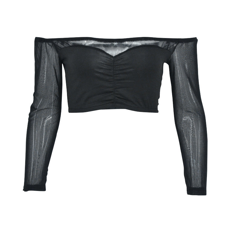 Off-Shoulder Crop Top with Sheer Long Sleeves and Ruched Front