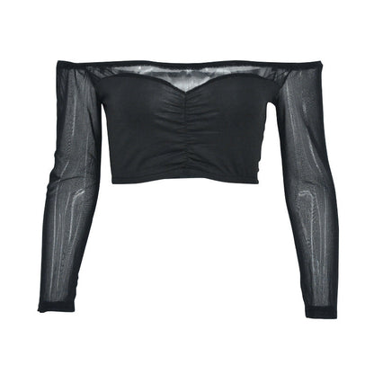 Off-Shoulder Crop Top with Sheer Long Sleeves and Ruched Front