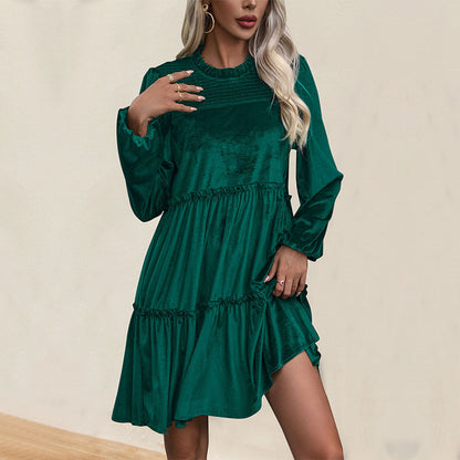 Velvet Smock Dress with Ruffled Tiers and Smocked Crewneck