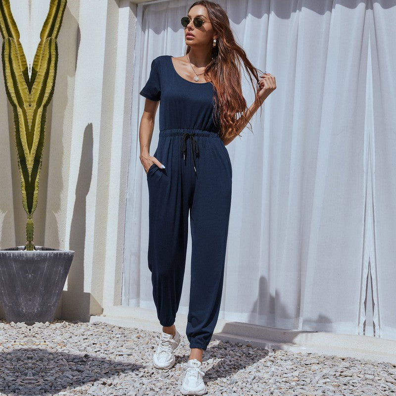 Short-Sleeve Jogger Jumpsuit with Drawstring Waist