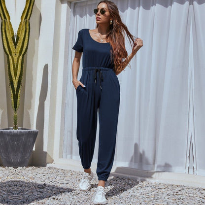 Short-Sleeve Jogger Jumpsuit with Drawstring Waist