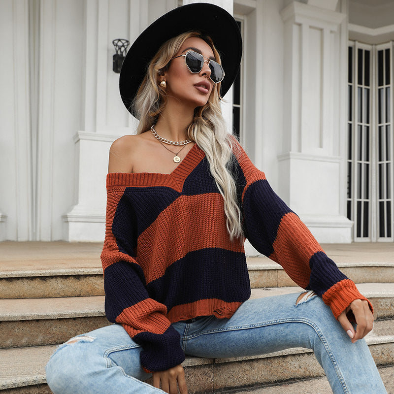 Loose Color-Block V-Neck Sweater