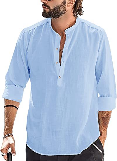 Loose Fit Cotton Blend Henley Shirt with Mandarin Collar