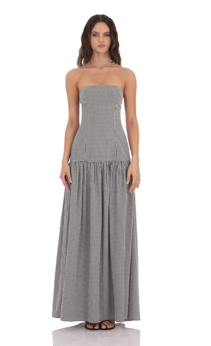 Gingham Strapless Maxi Dress with Smocked Back
