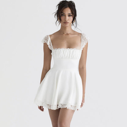 A-Line Mini Dress with Ruched Bust and Lace Trim