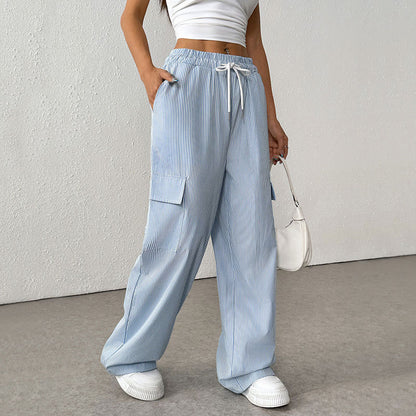 Pleated Wide-Leg Cargo Pants with Drawstring Waist