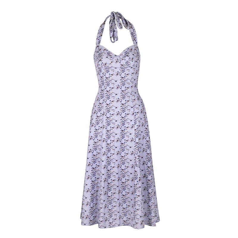 A-Line Floral Maxi Dress with Halter Neck and Lace-Up Waist