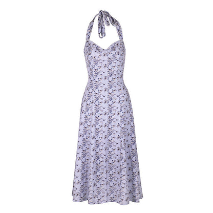 A-Line Floral Maxi Dress with Halter Neck and Lace-Up Waist