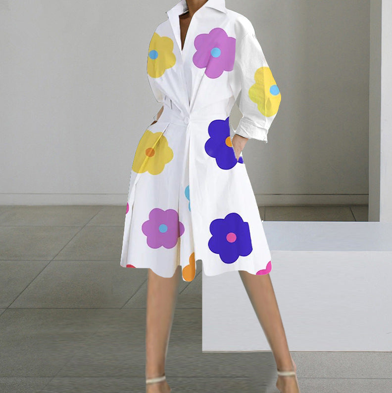 Printed A-Line Midi Dress with V-Neck and Long Sleeves
