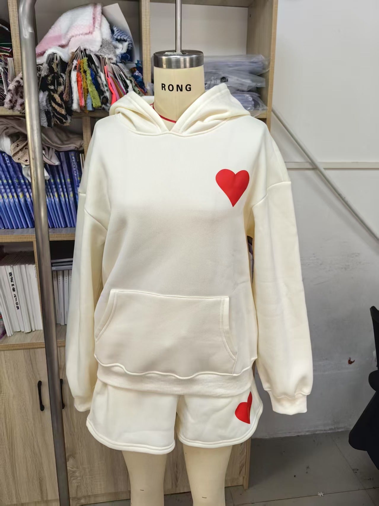 Loose Fit Heart Print Hoodie and Shorts Two-Piece Set